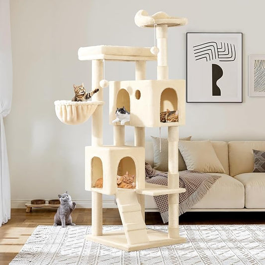 Allewie 64 Inches Cat Tree Tower/Multi-Level Activity Center for Indoor Big Felines/2 Plush Condos/2 Perchs/Basket/House/Sisal Scratching Posts/Hanging Cat Toys/Beige
