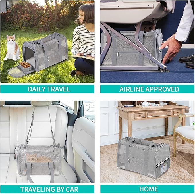 Pet Carrier Soft Side Cat Carrier Collapsible Travel Puppy Carrier Bag TSA Airline Approved Kitten Carrier Bag for 15 lbs Small Pets (Gray)