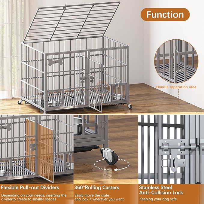 aboxoo 42/48 inch Heavy Duty Metal Dog Crate for 2 Dogs/Large Dog,All Metal Open Top,Dog Kennel Indoor with Wheels,Floor Grid, Tray, Divider and Feeding Bowl (Sliver)