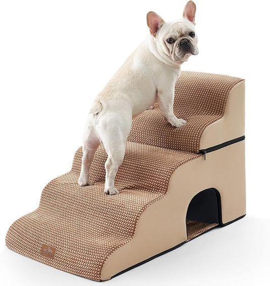 Extra Wide Dog Stairs with Tunnel, Detachable Large Pet Step for Small Medium Dog, Puppy or Cat, Ramp for High Bed, Couch, Sofa or Car, Stable, 19.7x33x22.4 inch, 5 Step, Light Brown