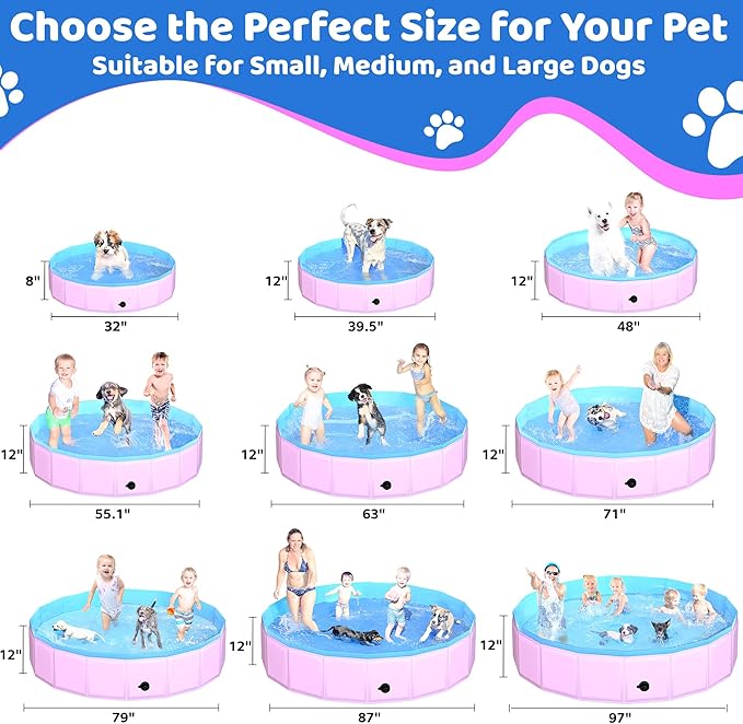 2025 Updated Foldable Dog Pool, 71" x 12" Kiddie Pool with Hard Plastic, Non-Slip Dog Bath Tub for Outdoor Backyard, Collapsible Dog Swimming Pool for Kids Dogs Pets (Pink)