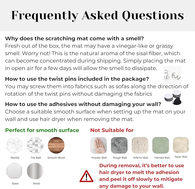 Sisal Cat Scratcher Post Mat (Use on Wall, Couch and Carpet), Shedding-Resistant Scratching Surface - 21.7x13 with Hoop and Loop Adhesives, Pads and Twist Pins (Cat with A Pearl Earring)