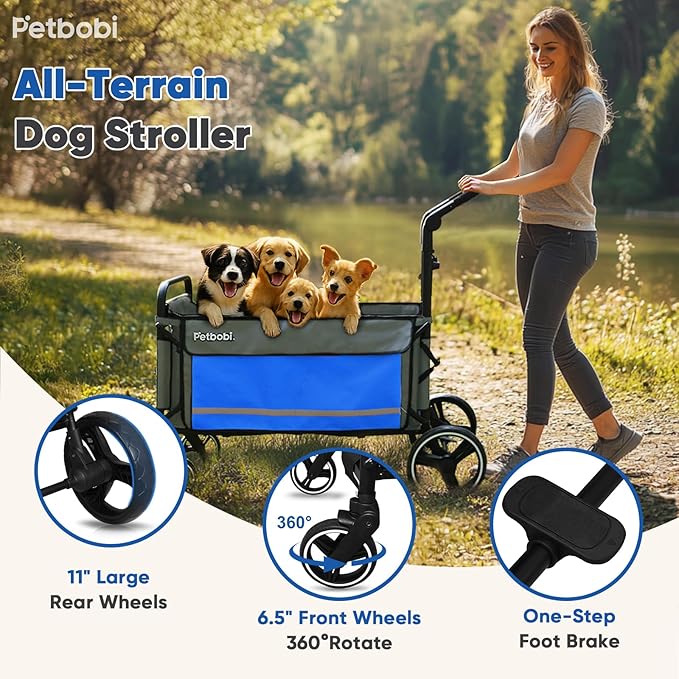 Petbobi Dog Wagon Stroller for Large & Medium Dogs - 2-in-1 Push-Pull Pet Stroller with Ramp, Foldable All Terrain Wagon Cart, One-Step Brake, Suitable for Outdoor Walks & Camping, Blue