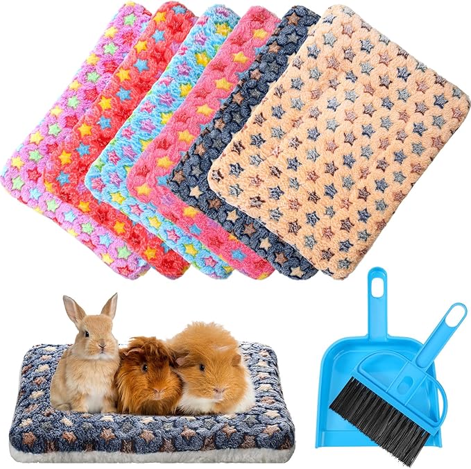 Yulejo 6 Pieces Guinea Pig Bed Mats with Cleaning Dustpan Brush Washable Plush Cage Lines Soft Fleece Sleeping Bedding Pads for Hamster Bunny Chinchilla Squirrel Small Animals (Cool Color, Star)