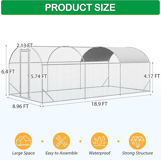 Large Metal Chicken Coop, Walk-in Chicken Run Pen with Waterproof Cover, Dome Roof Poultry Cage for Outdoor, Backyard, Farm (8.96'Wx18.9'Lx6.4'H)