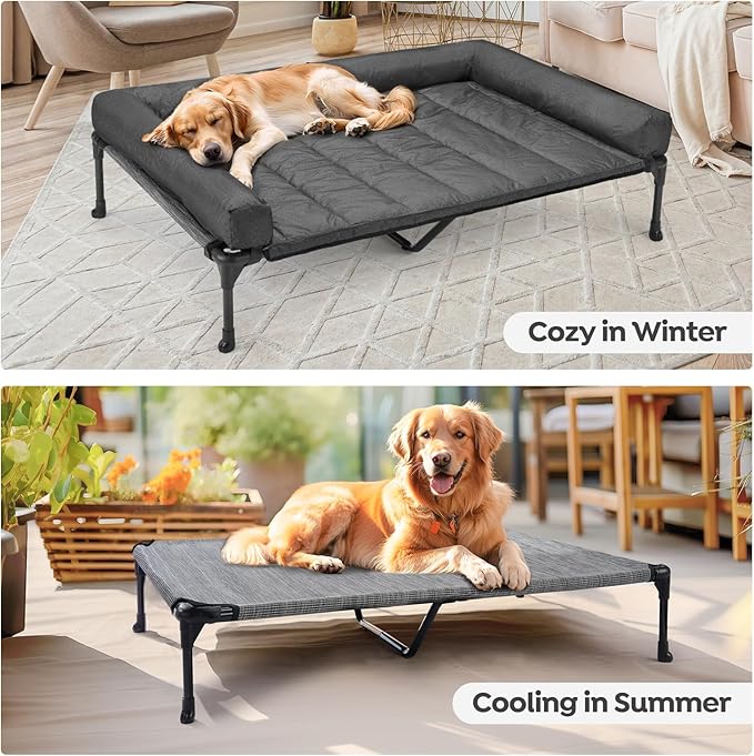 Veehoo Cooling Elevated Dog Bed Add Removable Waterproof Bolster Cushion Mat, Raised Pet Cot with Breathable Teslin Mesh, No-Slip Feet, Dog Sofa Bed for Indoor Outdoor, XXLarge, Black Silver