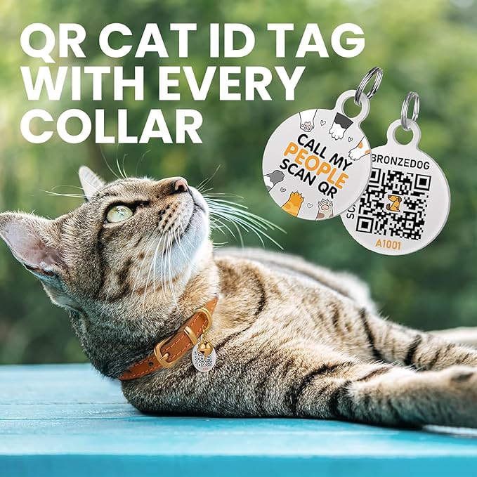 BRONZEDOG Leather Cat Collar with Removable Bells Non Breakaway Kitten QR Tag for Girl Boy (9" - 12" Cats/Mini Dogs, Light Brown & Gold)