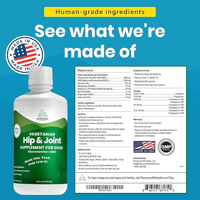 Plant-Based Liquid Glucosamine for Dogs, 1600mg Joint Support with Chondroitin, MSM & Omega 3-6-9, Shellfish-Free Dog Arthritis Supplement for Mobility & Flexibility, Made in USA, 32 oz