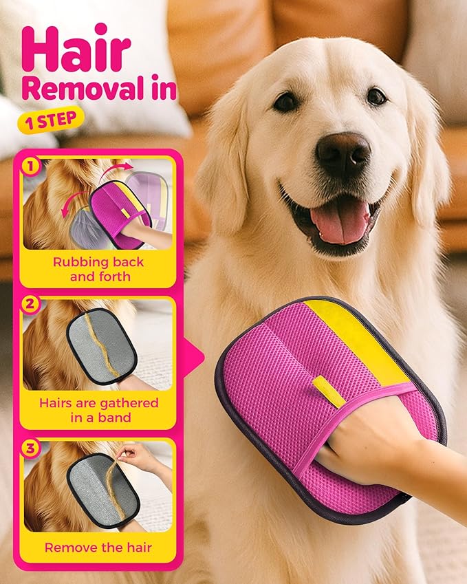 2025 Thickened Electrostatic Pet Hair Removal Gloves (2 Pcs) - Reusable Strong Grooming Gloves for Cats & Dogs, Hair Remover for Couch, Furniture, Carpet, Car Seats & Clothing (Pink)