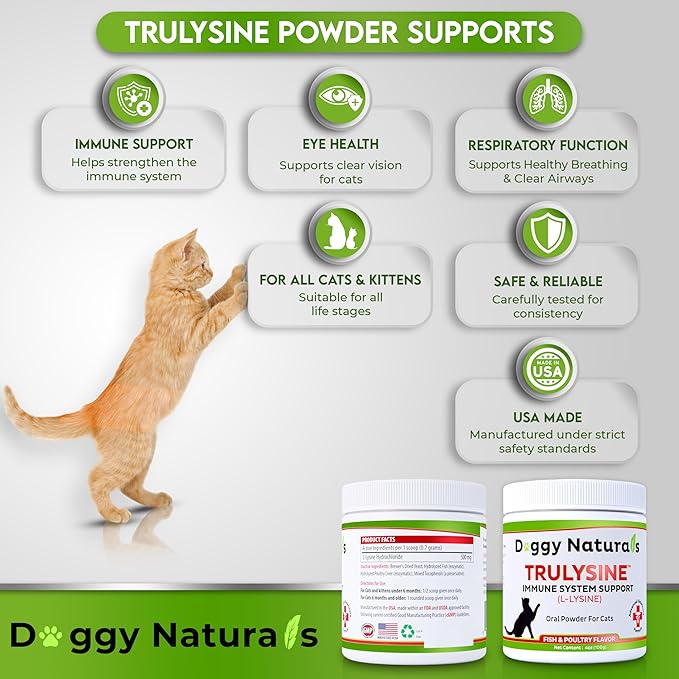 Trulysine L-Lysine for Cats Immune Support Oral Powder 4oz/100g - Cats & Kittens of All Age, Sneezing, Runny Nose Squinting, Watery Eyes - Fish & Poultry Flavor (U.S.A)(100 Grams ( 500mg / Scoop))