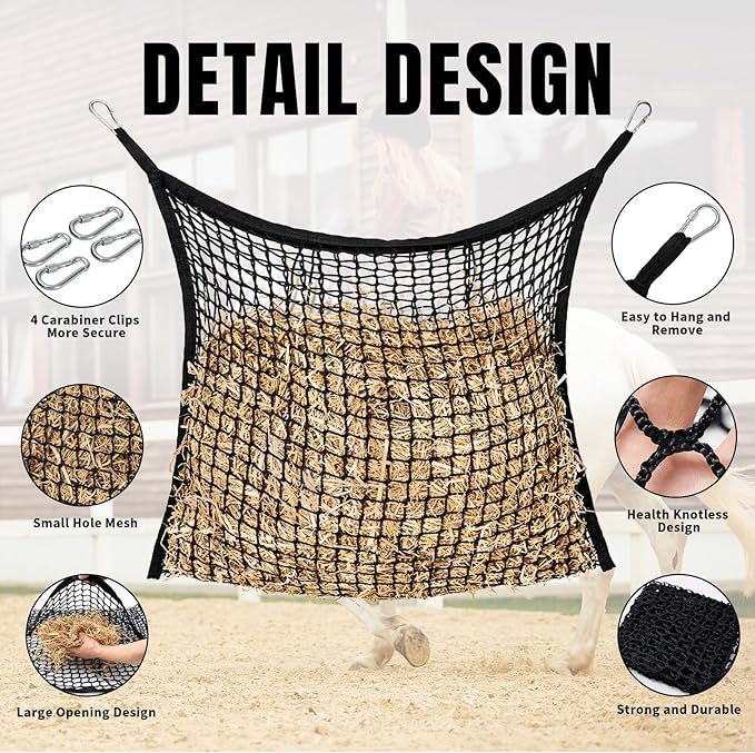 2 PCS Slow Feed Hay Net for Horses, Large Capacity Hay Bags for Horses Goats Sheep Donkey Trailer Full Day Feeding, Easy to Fill and Hang, Black, 35 x 31 Inch