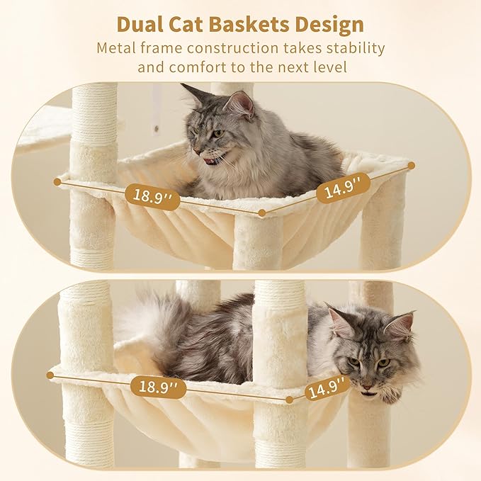 Heybly Heavy Duty Cat Tree, 71-Inch Tall Tower for Large Maine Coon with Extra-Large Baseboard, Cat Condo Furniture with Multi-Level Platforms, 2 Hammocks and 12 Scratching Posts, Beige HCT037M