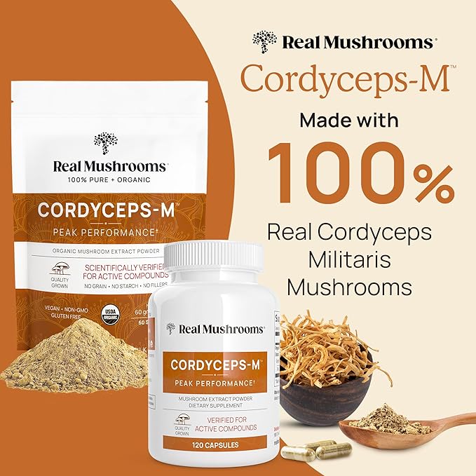 Real Mushrooms Cordyceps Mushroom Powder - Organic Cordyceps Powder Mushroom Energy and Wellness Support - Rich in Beta Glucans - Non-GMO, Vegan Supplement, 60 Servings