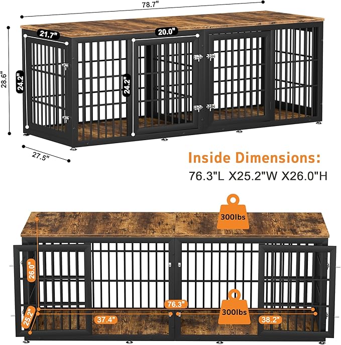 78 Inch Double Dog Crate Furniture, Heavy Duty Extra Large Cage Furniture with Divider for 2 Dogs, Decorative Wooden Kennel Furniture Indoor, Metal Pet House for Large and Medium Dogs