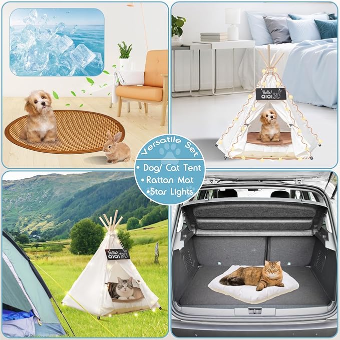 20" Dog& Cat Teepee Tent +24" Pet Cooling Mat +10ft Star String Light [2-Modes],Cotton Thicked Soft Comfort Anti-Slip Cushion (Used/Wash Separately),Medium Pets Tents House Indoor or Outdoor