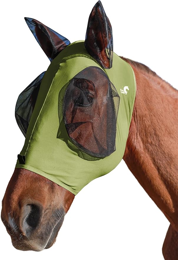 Horse Fly Mask with Ears, UV Protection for Horses, Elasticity with Big Mesh Eye Covers, Snug Fitting Comfortable Breathable Lightweight for Horses Olive Green Cob