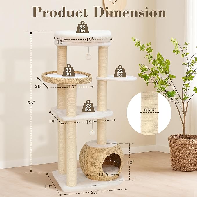 KAMABOKO Modern Cat Tree, 53" Tall Cat Trees for Indoor Cats, Cat Condo Natural Sisal with Scratching Posts, Hand-Woven Tower & Top Perch, Cat-Tree for Kittens Climb Play & Rest