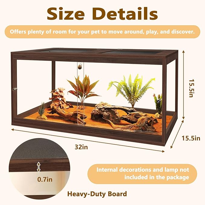 Bearded Dragon Tank,34 Gallon Reptile Tank with Meatl Mesh Roof and Front Sliding Door, Anti-Scratch Lizard Tank,Spacious Reptile Enclosure for Snakes,Lguanas, Chameleons(Walnut)