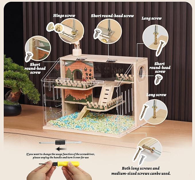 Wooden Hamster Cage, 15.8" 3-Layer Acrylic Dwarf Hamster Cages,Top Open Small Animal Cages with Stairs, Fences, Pastoral Style Mouse Cage for Pet Mice, Hedgehog