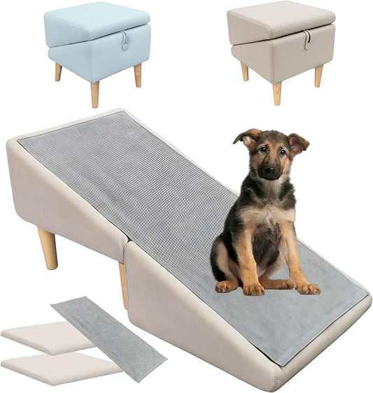 Split Ottoman Dog Ramp, Folding Pet Ramps Stairs for Couch, Pet Ramps Stairs for Small and Large Dogs, Holds up to 220 lbs (Beige - 2 Pads & 2 Covers, One Size)
