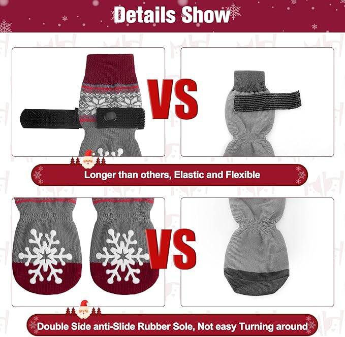 BEAUTYZOO Christmas Winter Anti-Slip Dog Socks with Grips Traction Control for Small Medium Large Dogs, Non Skid Indoor Double Side Pet Paw Protector for Hardwood Floor Wear, Snowflake S/M