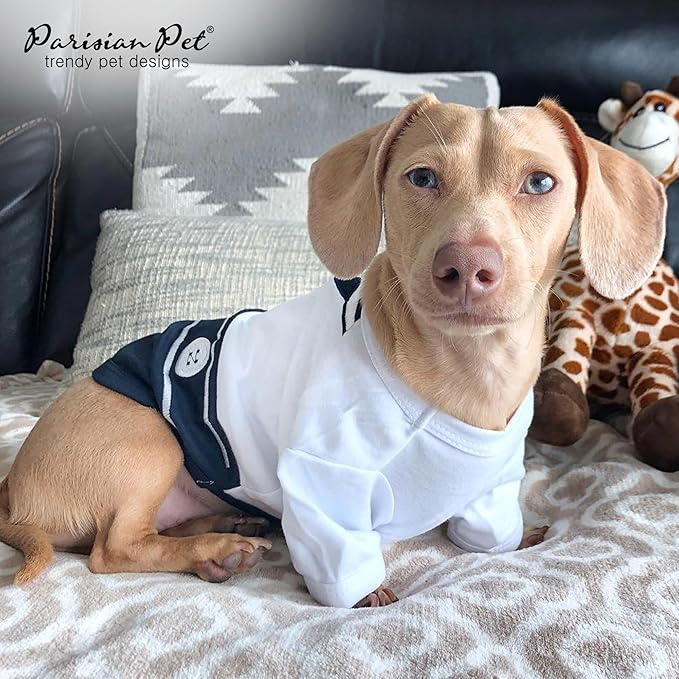 Parisian Pet Blue & White Sailor Dog Shirt - Embroidered Cotton & Polyester Costume - Large Sleeved Dog Clothes