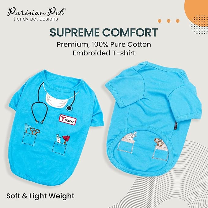 Parisian Pet Doctor Woof Dog Shirt - Embroidered Pirate Costume - 100% Cotton & Polyester Doctor Outfit - Sleeved Blue Funny Dog Shirts - XL