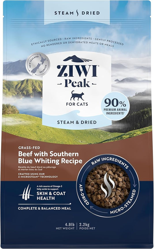 ZIWI Peak Steam & Dried Cat Food – Beef w/Southern Blue Whiting Fish - High Protein, Skin & Coat Health, Low Carb, for All Life Stages (78.4oz)