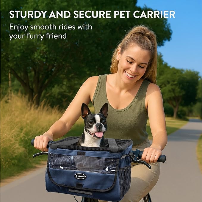 Navaris Pet Carrier for Bikes - Bike Basket Dog Carrier - Ideal Carriers for Small to Medium Dogs Up to 10kg (22lbs) - Drawstring Bag with Secure Locks and Strap - Blue