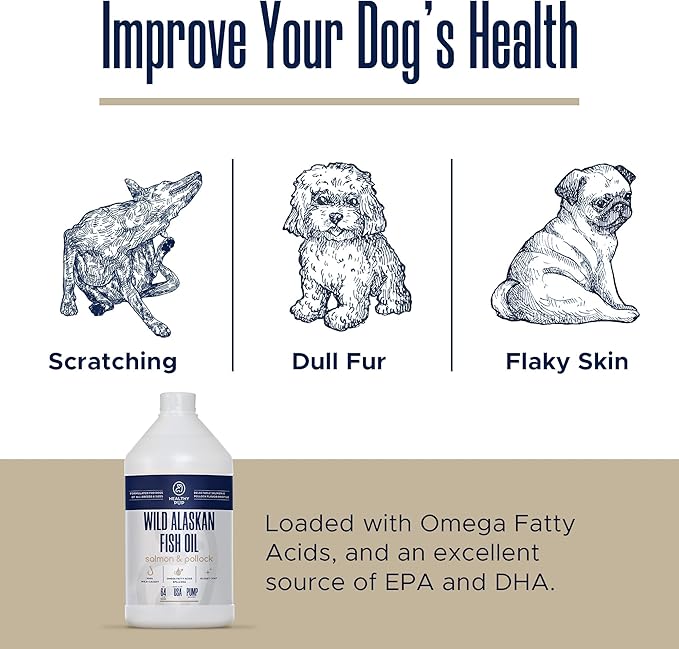 Wild Alaskan Salmon Oil for Dogs with Pollock - 64 oz of Pollock and Salmon Oil, Omega 3, EPA, and DHA - Dogs Skin and Coat Supplement - Made in USA
