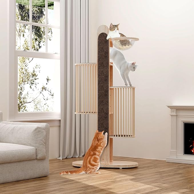 Modern Cat Tree Tower for Indoor Cats, 67" Tall Solid Wooden Cat Tower with Scratching Posts, 6 Level Natural Luxury Cat House with Big Bed, Washable Cushions Cat Furniture for Large Cats Brown