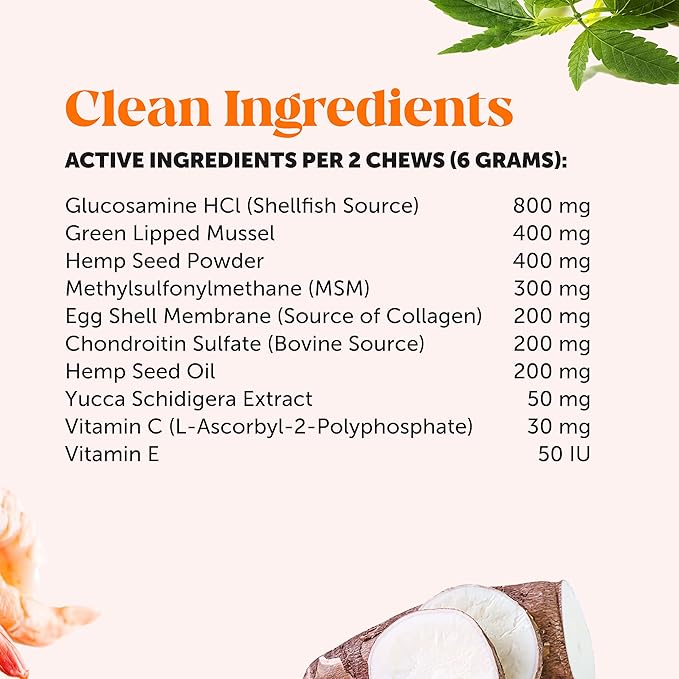 Senior Hemp Hip & Joint Supplement - Dog Joint Supplement with Hemp Oil, Glucosamine for Dogs, Collagen, MSM & Green Lipped Mussel - Mobility for Senior Dogs (Chicken 180ct)