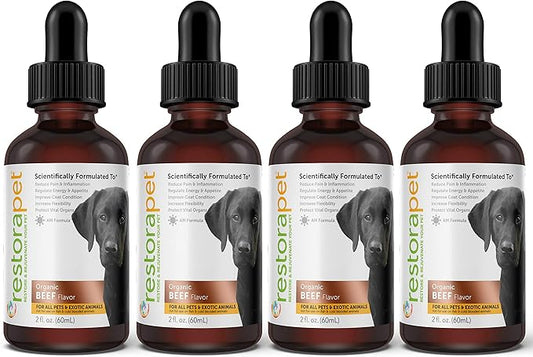 RestoraPet 4-Pack Dog & Cat Beef Liquid Multivitamin | Dog Arthritis Pain Relief | Hip & Joint Vitamins for Dogs - Anti Inflammatory Supplement for Dogs & Cats | Organic & Non-GMO, Vet Approved