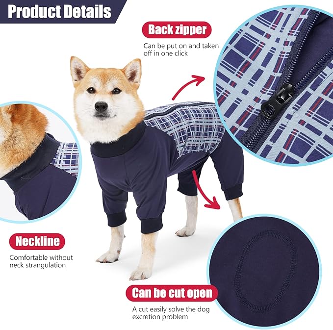 Dog Recovery Suit, Abdominal Wound After Surgery Wear, Anti Licking Bodysuit with Zipper, E-Collar & Cone Alternatives, Plaid Dog Spay Surgical Shirt Prevent Shedding(Large, Blue)