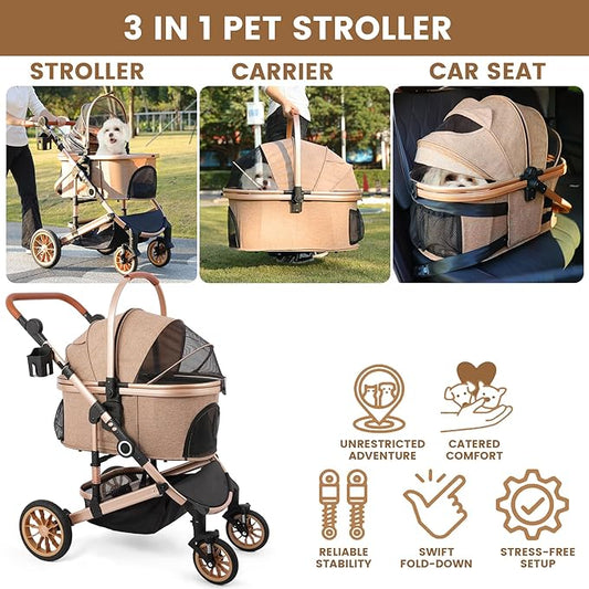 Pet Stroller with 4 Wheels, Foldable Pet Travel Carrier for Small/Medium Dogs Cats up to 50lbs, Detachble Portable Pet Bag, Storage Basket, Car Seat 3 in 1 Multifunctional (Tan)