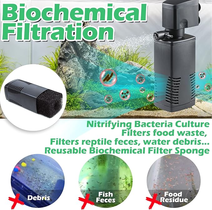TARARIUM Fish Tank Filter for 15-40 Gallon Tank Crystal Clear Powerful Internal Aquarium Filters Submersible Pump& Filter System Turtle Tank Accessories