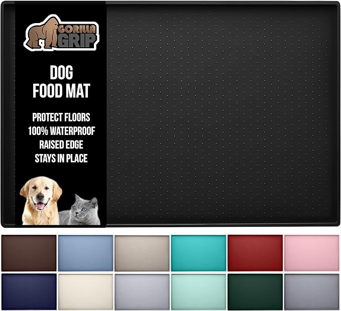 GORILLA GRIP 100% Waterproof Raised Edge BPA Free Silicone Pet Feeding Mat, Dog Cat Food Mats Contain Spills Protects Floors, Placemats for Cats and Dogs Water Bowl, Pets Accessories 16x10, Black