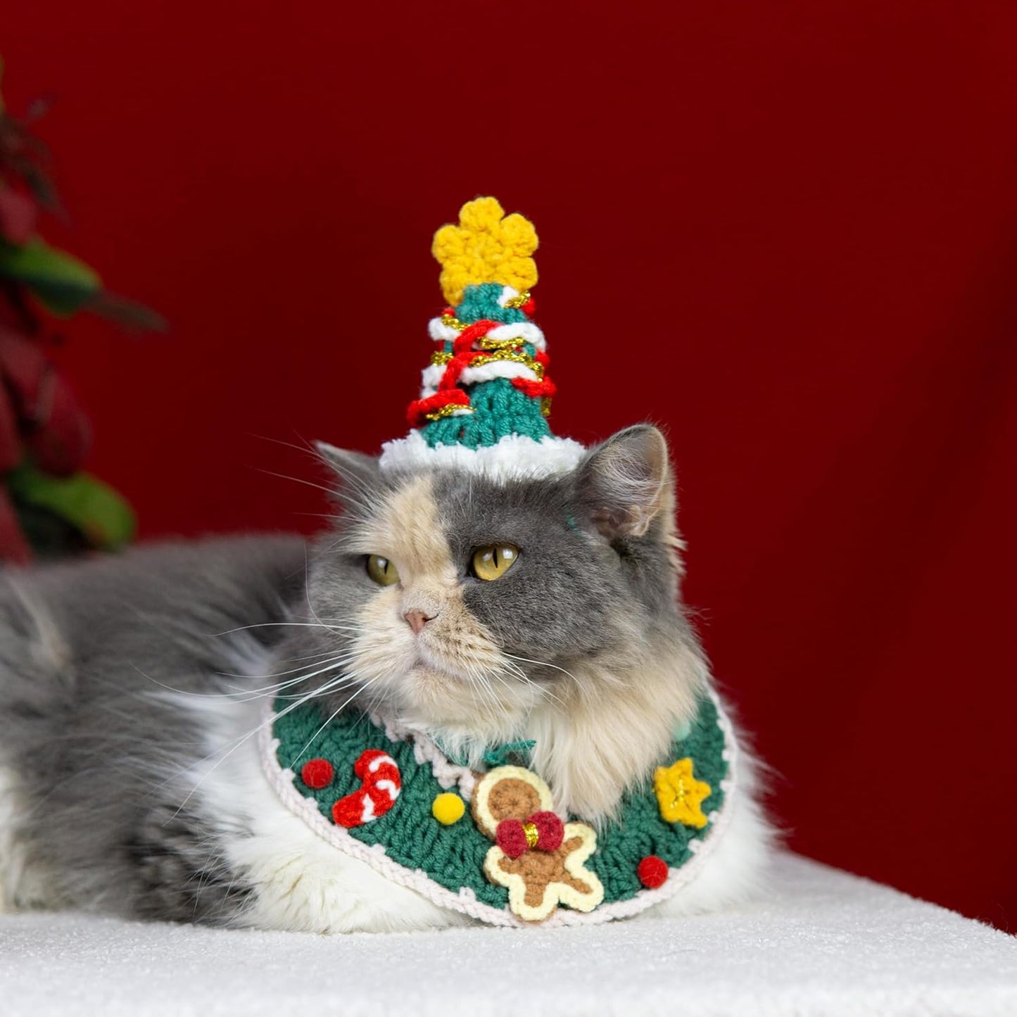 Christmas Dog Costume,Handmade Cat Holiday Outfit with Christmas Tree Hat & Gingerbread Man Scarf Set,Adjustable,Lightweight & Breathable Pet Accessories for Rabbit Xmas Party & Photos  (Small to Large size Pets)