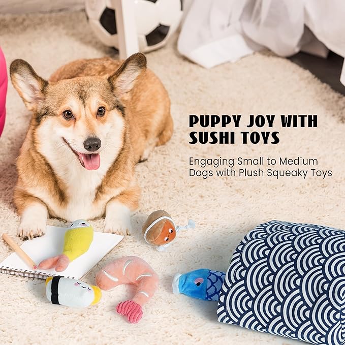 Nocciola 10 PCS Sushi Small Dog Toys to Keep Them Busy, Cute Stuffed Puppy Toys with Bag, Plush Dog Squeaky Toy for Small to Medium Dog, Doggie Birthday Gifts