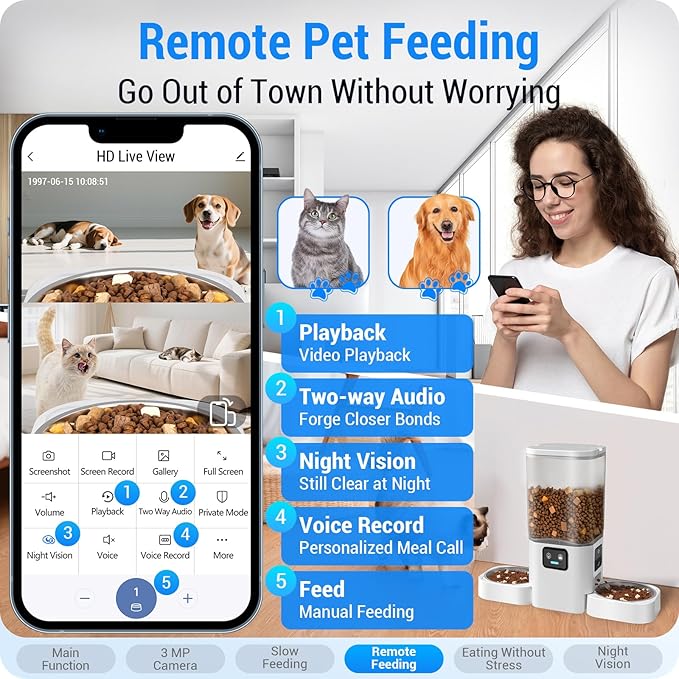 Automatic Cat Feeder with Two HD Camera for 2 Cats: 5G WiFi Automatic Dog Feeder with Night Vision & Slow Feed, 7L Auto Cat Food Dispenser for Multiple Pet, Detachable for Cleaning - 29 Cup