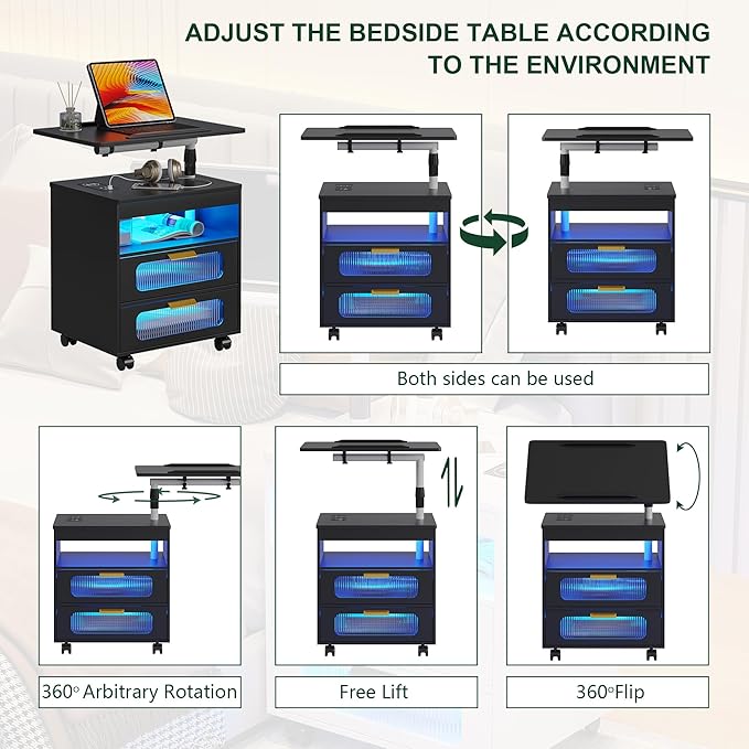 HNEBC Nightstand with Wireless Charging Station, LED Nightstand Has Adjustable Rotary Workstation,Smart Night Stand with 2 Drawers,Modern Bedside Table for Bedroom, Sensor Light/Wheel (Black)