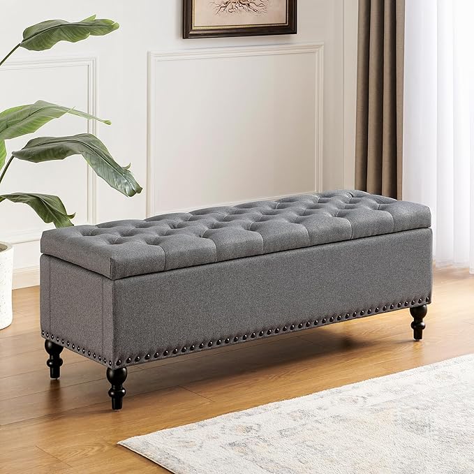 Ottoman with Storage,50.2-inch Upholstered End of Bed Storage Bench for Bedroom,for The Living Room,for Entryway, with Rivets & Button and Safety Hinges,Detachable (Grey)