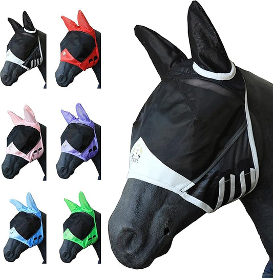 T TEKE Fine Mesh Horse Fly Mask w/Ears, UV Blocking 3D Eye Visor with Extra Fleece Cushioned Forehead, Protection from Insect Pests