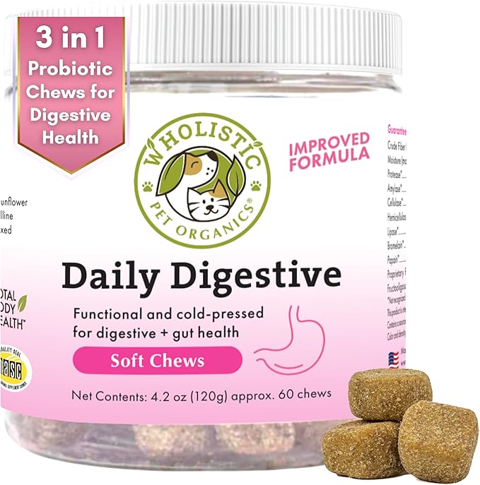 Wholistic Pet Organics: Probiotic Chews for Dogs Digestive Health - 60 Count - Dog Probiotics and Digestive Enzymes - Support Gut Health Immune Supplement Prevents Dog Digestive Problems
