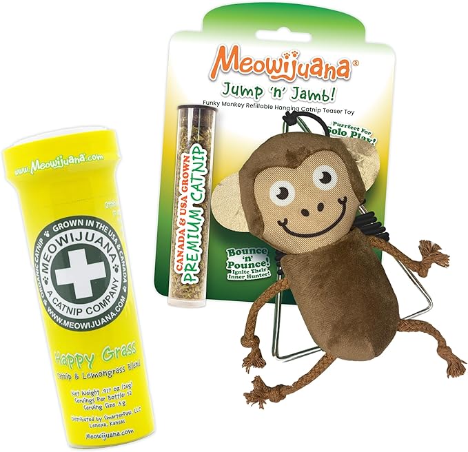 Meowijuana Jump 'n' Jamb Door Hanging Cat Toy Bundle | Funky Monkey + Happy Grass Blend | Refillable Interactive Catnip Toy | Promotes Play and Cat Health | Potent Catnip Grown in North America