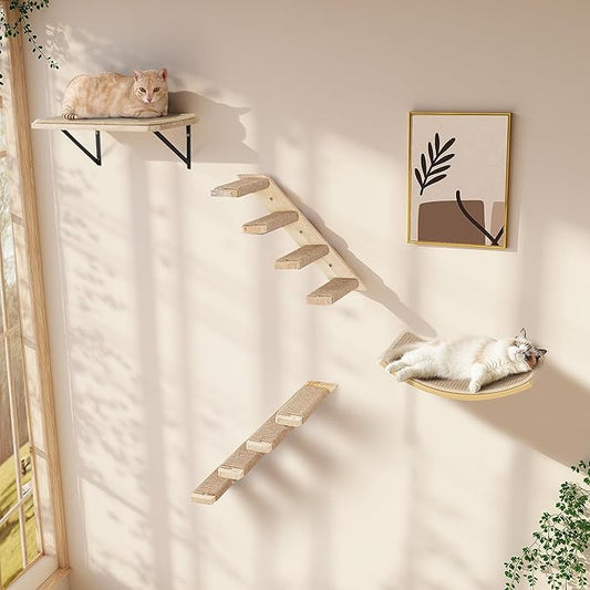 Wall Mounted Cat Shelves Stairs Set, 4 Piece Wood Cats Wall Furniture with Sisal Cat Window Perch, Flat Perch & Dual 4-Step Ladders for Climbing & Scratching