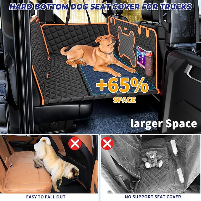 Dog Back Seat Extender for Truck, Hard Bottom Dog Car Seat Cover-Strong Support Waterproof Scratch-Proof Pet Hammock for Full Size F150/RAM1500/Silverado Crew Cab Pickup, Black with Orange