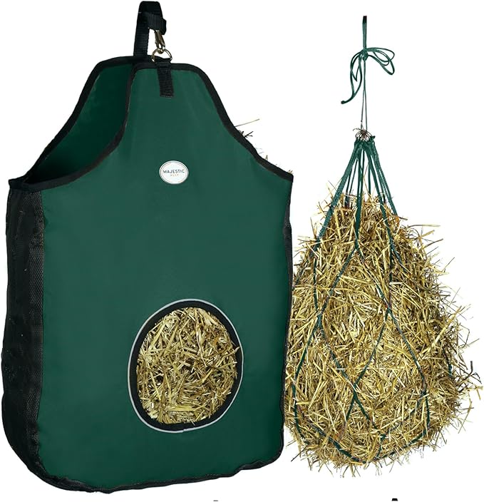 Majestic Ally 1200 D Hay Feeder Tote Bag for Horses, Sheep with Reflective Trim- Reduces Waste - Comes with 36” Hay Net. (Hunter Green)