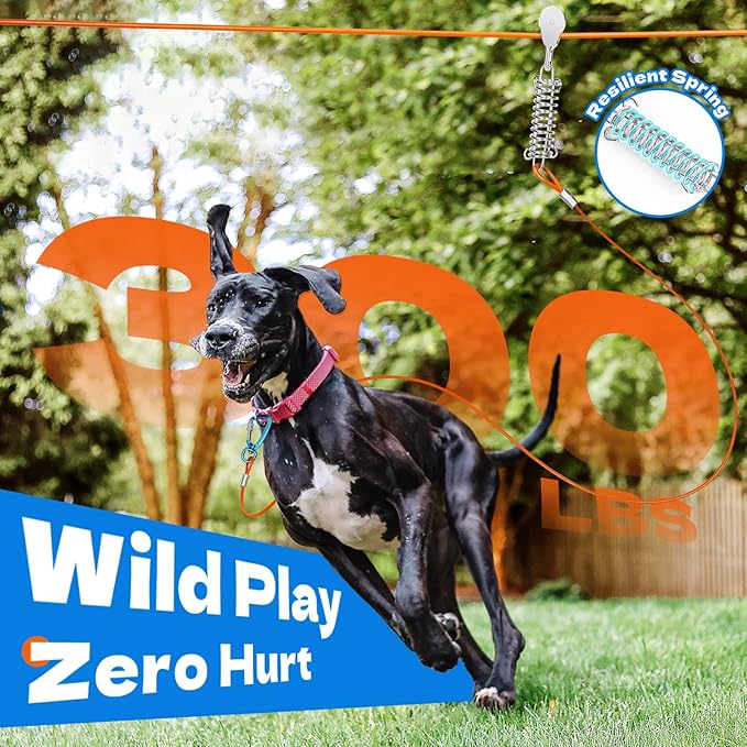 75ft Dog Runner for Yard Large Dog Heavy Duty with Double Shock Absorbers Tangle-Free Aerial Trolley System for Large Dogs Up to 250lbs (Orange)