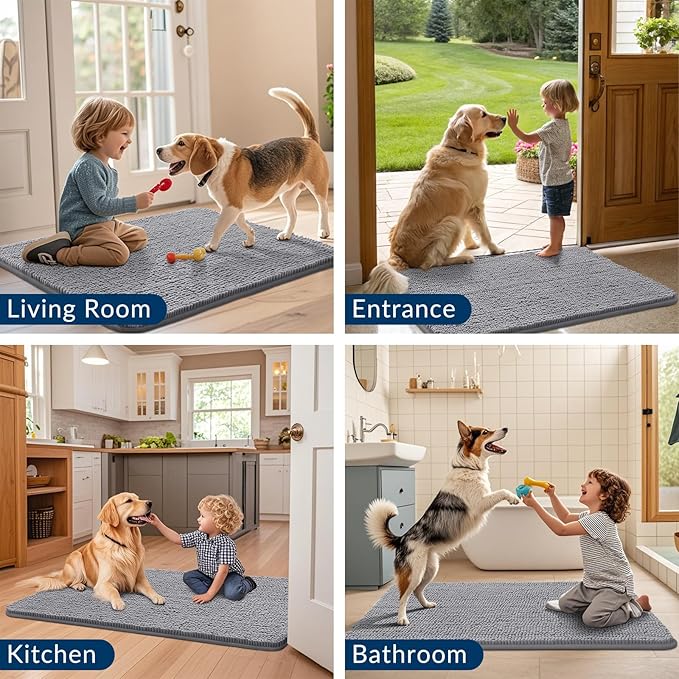 Smiry Dog Door Mat for Muddy Paws 45x27, Absorbs Moisture and Dirt Doormat, Non-Slip Washable Quick Dry Chenille Front Door Mat Indoor Entrance, Entryway Carpet for Inside Floor, Grey